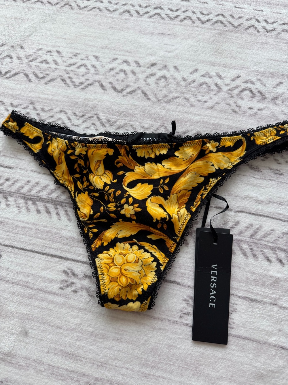 Versace Black and Yellow Baroque Lace Bikini Bottom